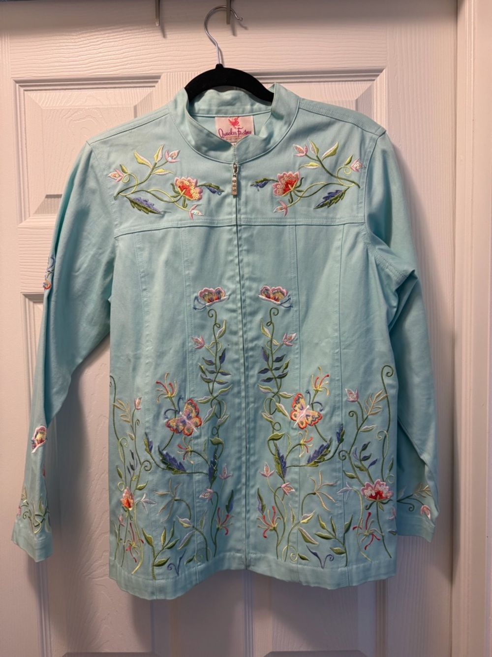 Quacker Factory Aqua Floral Embroidered Jean Jacket